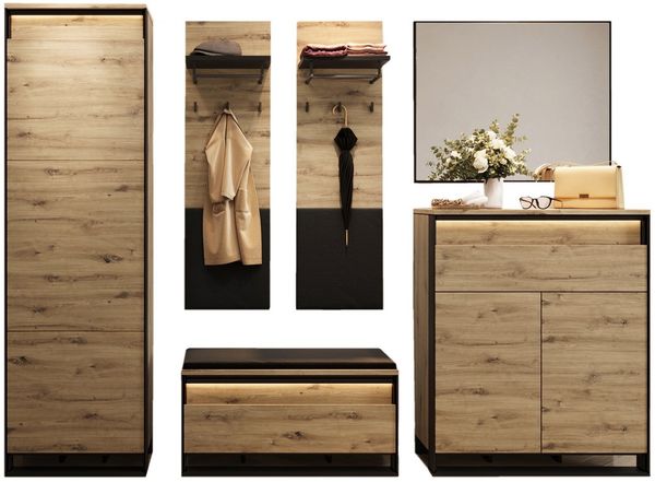 Compleo Garderoben-Set LIMA (Schrank, Schuhschrank, 2x Kleiderbügel, Spiegel, Kommode)
