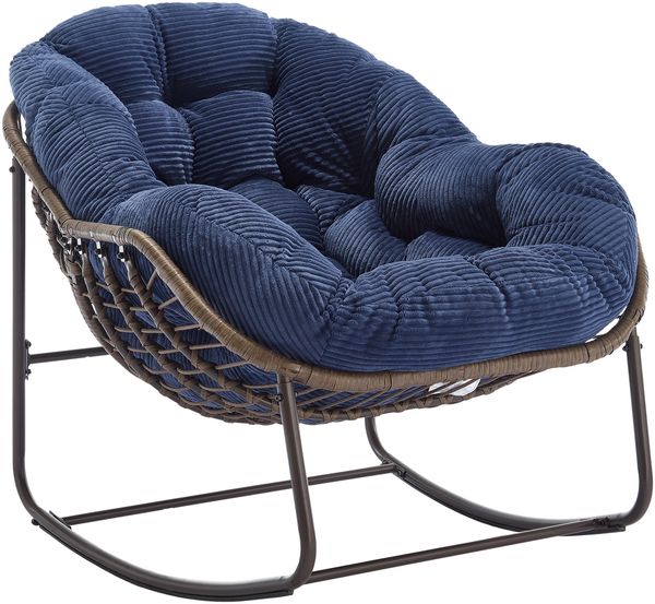 Flieks Rattan Schaukelstuhl mit Kissen, ergonomischer Egg Chair, gepolsterter Relaxsessel, Indoor & überdachter Außenbereich, Samt, Dunkelblau