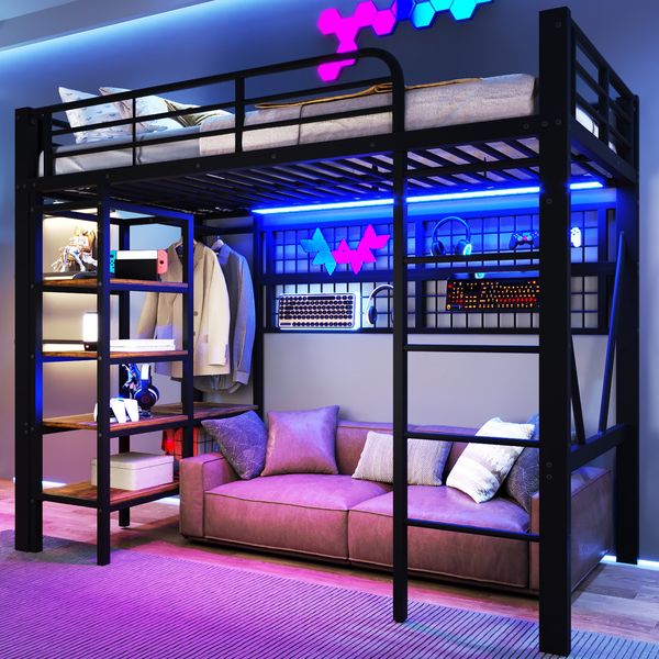 Hochbett 90×200 cm mit stabilem Metallgestell, LED-Lichtleiste und Ablagefach, Schwarz, ohne Matratze