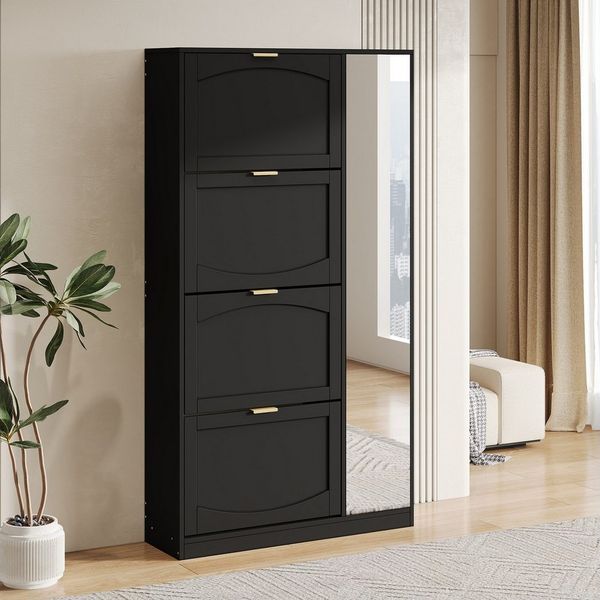 Merax Schuhschrank mit Spiegel und 4 Klappen, Schuhregal (1-St, mit verstellbarem Regal, Schuhbank) Schuhkipper für Flur, 147x80x24 cm