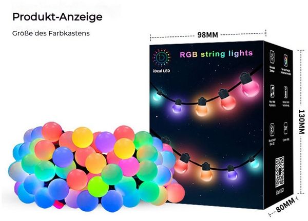 PRIISF LED-Lichterkette LED Lichterkette mit 25/50 Kugeln Beleuchtung RGB Bunt Garten Innen, mit Fernbedienung Bluetooth Smart APP Weihnachtsbäume Xmas Deko