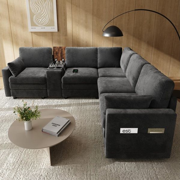 Merax Ecksofa L-Form Sofa mit wendbarer Mittelkonsole & USB-Anschlüssen, Modulares Sofa für Wohnzimmer & Schlafzimmer 1 Teile, 5-Sitzer-Sofa mit Getränkehaltern, 2 Zierkissen & Stauraum, Chenille