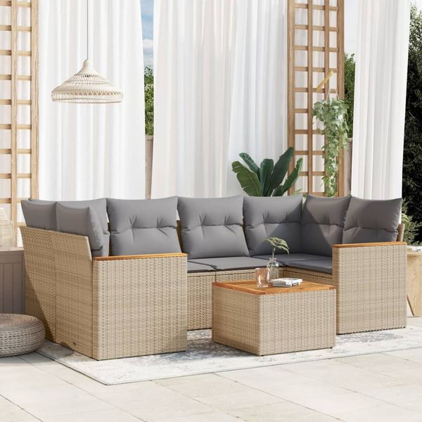 vidaXL 7-tlg. Garten-Sofagarnitur mit Kissen Beige Poly Rattan 3258202