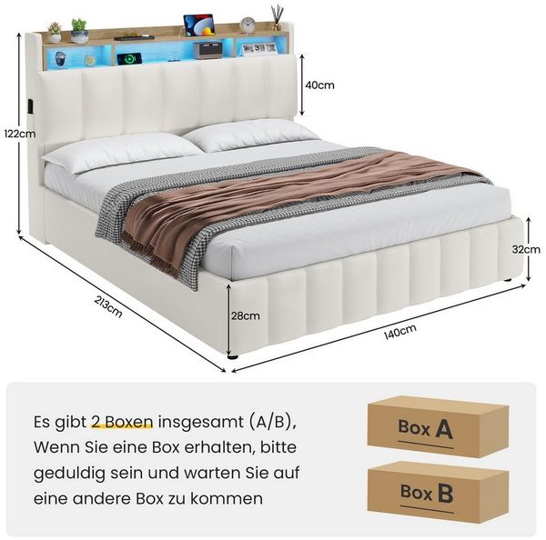 KIMENICH Polsterbett mit LED Beleuchtung und Ladefunktion (1-tlg, Ohne Matratze), Jugendbett Hydraulisches Stauraumbett, 140x200 cm