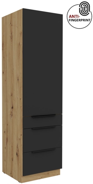 Küchen Hochschrank 60 cm Küche ARIA Schwarz ultra matt + Eiche Artisan matt, hochwertige Fronten mit Anti Fingerprint Beschichtung, Soft-Close Küchenzeile Küchenblock