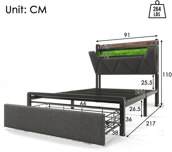 Polsterbett 90x200 cm mit Stauraum‑Kopfteil, LED‑Beleuchtung und USB‑C, Leinenoptik Grau, Metalllrahmen mit Lattenrost Bild 5