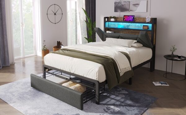 Polsterbett 90x200 cm mit Stauraum‑Kopfteil, LED‑Beleuchtung und USB‑C, Leinenoptik Grau, Metalllrahmen mit Lattenrost