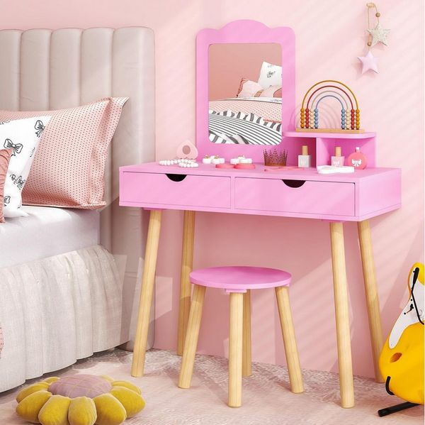 COSTWAY Schminktisch 2 in 1 Kinder Schreibtisch mit Hocker, aus Holz