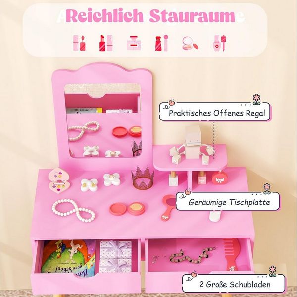 COSTWAY Schminktisch 2 in 1 Kinder Schreibtisch mit Hocker, aus Holz