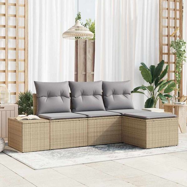 vidaXL Garten-Sofa-Set mit Kissen 4 pcs Beige und Hellgrau Poly-Rattan 3355679
