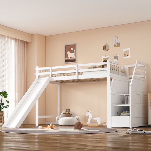 90x200cm, Hochbett, Kinderbett, Leiterposition optional, mit Rutsche, Abnehmbarer Zaun, Ablageleiter, EN747 zertifiziert, Ohne Matratze, weiß