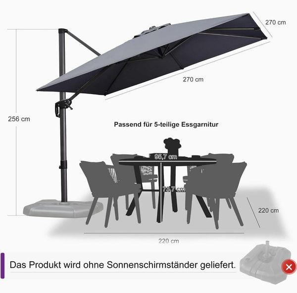 PURPLE LEAF Ampelschirm Quadratischer Terrassenschirm, Alu Balkonschirm, Groß Sonnenschirm, LxB: 270,00x270,00 cm, für Garten, Terrasse, Pool
