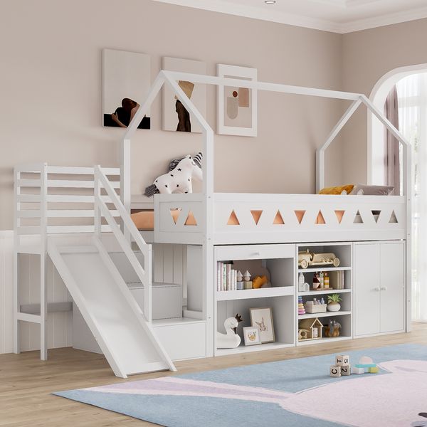 Merax Kinderbett, Einzelbett, multifunktionales Kinderbett ,mit Rutsche und Treppen, mit Schubladen und Schließfach,mit magnetischer Tür,ohne Matratze, massivholz, weiß, 90*200