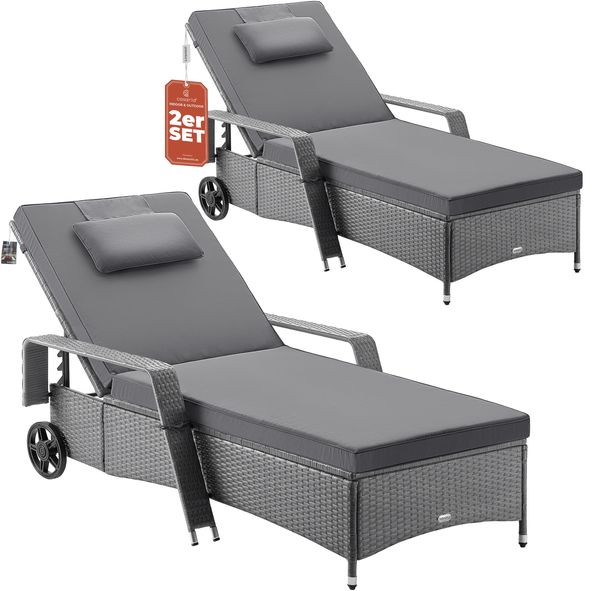 Casaria® Sonnenliege 2er Set mit Rollen Auflage Grau Anthrazit