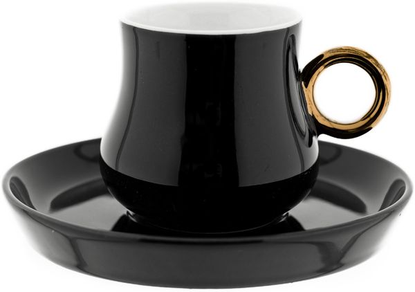 Mulex 12 Teiliges Set Mokkatassen mit Untertasse aus Porzellan Mokkaservice 100 ml Schwarz/Gold