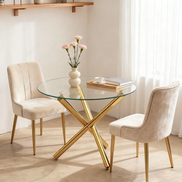Runder Esstisch mit Platte aus gehärtetem Glas und goldfarbenen Beinen, Couchtisch, moderner minimalistischer Esstisch, 80 × 80 × 76 cm