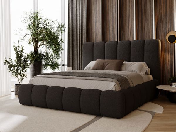 GRAINGOLD Imperial Doppelbett 180x200, mit hohem Kopfteil, Bettkasten, Bouclé-Stoff, Schwarz