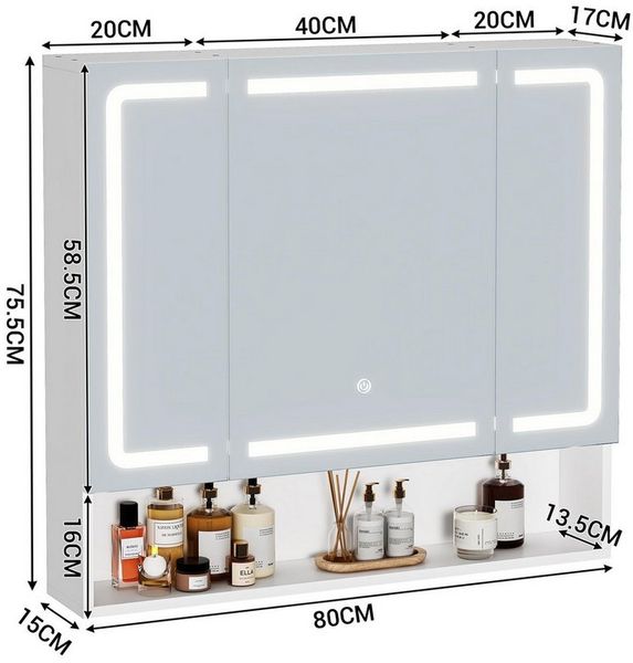 MSMASK Badezimmerspiegelschrank Moderner 3-türiger LED-Spiegelschrank mit verstellbaren Einlegeböden & 3 Lichtfarben – Wandmontage, Weiß (80x75,5x17 cm)