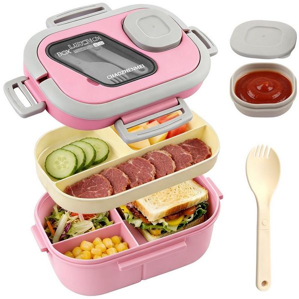 Diwzbyn Lunchbox Bento Box Lunchbox 2-stufig, 6 Fächer, Auslaufsicher, BPA-frei, Mit Saucenbehälter & Besteck, mikrowellengeeignet, 1200 ml