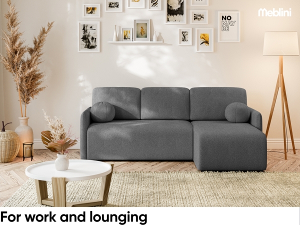 MEBLINI Schlafcouch mit Bettkasten – VESPER – 215x147x94cm – Rechts - Dunkelgrau Boucle - Kleines Ecksofa mit Schlaffunktion - Sofa mit Relaxfunktion und Kissen - Kleine Couch L-Form – Eckcouch Bild 3