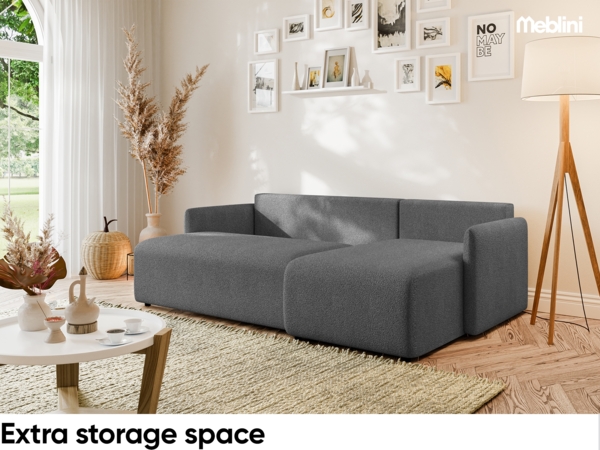 MEBLINI Schlafcouch mit Bettkasten – VESPER – 215x147x94cm – Rechts - Dunkelgrau Boucle - Kleines Ecksofa mit Schlaffunktion - Sofa mit Relaxfunktion und Kissen - Kleine Couch L-Form – Eckcouch Bild 4