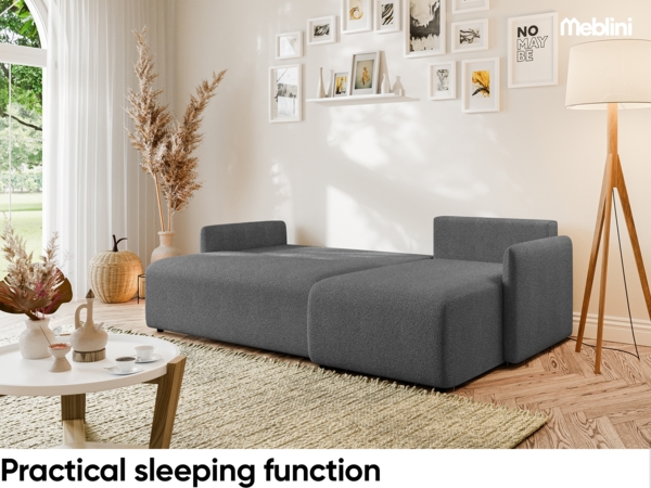 MEBLINI Schlafcouch mit Bettkasten – VESPER – 215x147x94cm – Rechts - Dunkelgrau Boucle - Kleines Ecksofa mit Schlaffunktion - Sofa mit Relaxfunktion und Kissen - Kleine Couch L-Form – Eckcouch Bild 5
