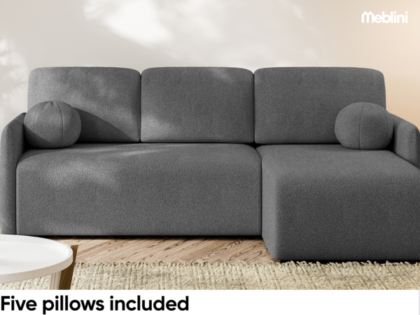 MEBLINI Schlafcouch mit Bettkasten – VESPER – 215x147x94cm – Rechts - Dunkelgrau Boucle - Kleines Ecksofa mit Schlaffunktion - Sofa mit Relaxfunktion und Kissen - Kleine Couch L-Form – Eckcouch Bild 6
