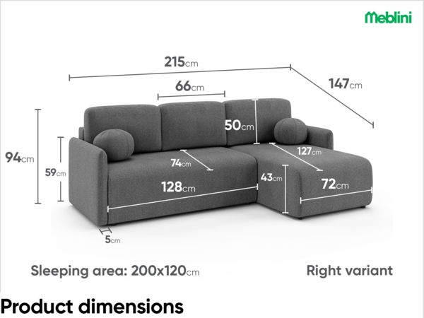 MEBLINI Schlafcouch mit Bettkasten – VESPER – 215x147x94cm – Rechts - Dunkelgrau Boucle - Kleines Ecksofa mit Schlaffunktion - Sofa mit Relaxfunktion und Kissen - Kleine Couch L-Form – Eckcouch Bild 7