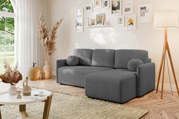 MEBLINI Schlafcouch mit Bettkasten – VESPER – 215x147x94cm – Rechts - Dunkelgrau Boucle - Kleines Ecksofa mit Schlaffunktion - Sofa mit Relaxfunktion und Kissen - Kleine Couch L-Form – Eckcouch Bild 2