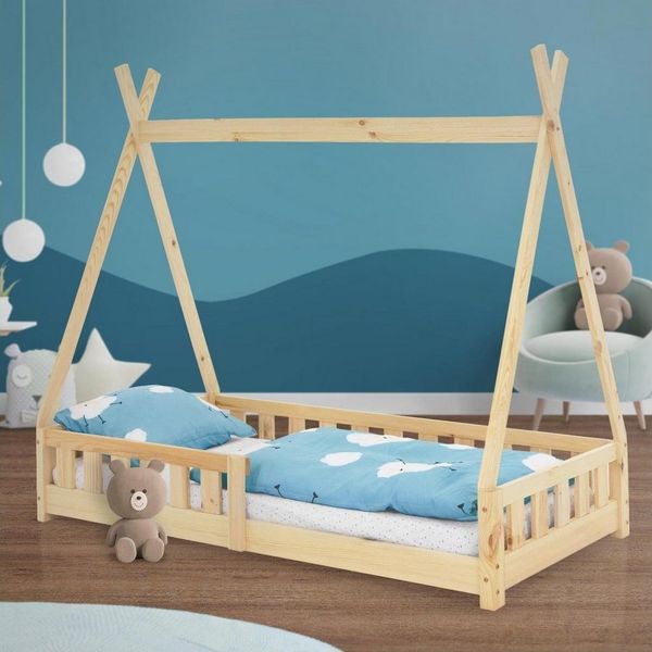 ML-DESIGN Spielbett Hausbett Tipi Zeltbett inkl. Lattenrost Bodenbett Kinder Himmelbett, Abenteuerbett mit Rausfallschutz Zelt Kinderbett Kiefer Natur