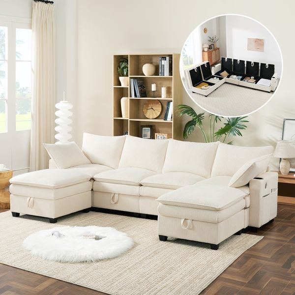 Modernes L-förmiges Sofa, abnehmbarer Fußhocker, USB-Anschlüsse, Staufächer und Getränkehalter, modulares Sofa für Wohnzimmer, Apartment und kleine Räume, Cordbezug, Beige