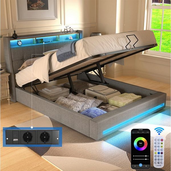 oyajia Polsterbett Doppelbett mit LED Licht 140x200 cm,Hydraulisch anhebbarer Stauraumbett (Mit Lattenrost und Ladefunktion, Leinenmaterial Polsterbettt), Modernes Jugendbett, Leises Design Bett, Max. Belastbarkeit 350 kg