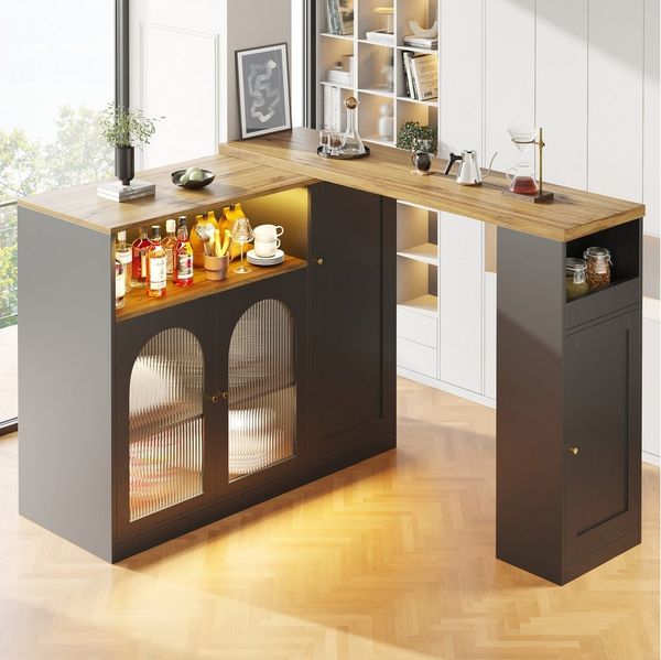 Flieks Bartisch Breite 120-197 cm Tischplatte schwarz (Set, 2-St, mit LED-Lichtleisten, 360° Drehung), ausziehbar Stehtisch drehbar Sideboard Esstisch mit Stauraum Anricht