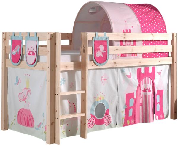 Spielbett Pino mit Textilset Vorhang, Tunnel und 3 Taschen \"Princess\", Kiefer massiv natur