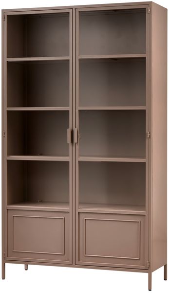 Vitrine Ronja aus Metall, modernes Industrial Design, Military Brown, mit Glastüren und Magnetverschluss