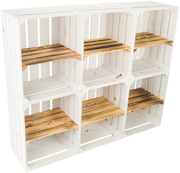 Kistenkolli Altes Land Allzweckkiste 6er set"Johanna" WEISS mit geflammter Einlage "Quer" Weinregal Kistenr (Spar-Set)