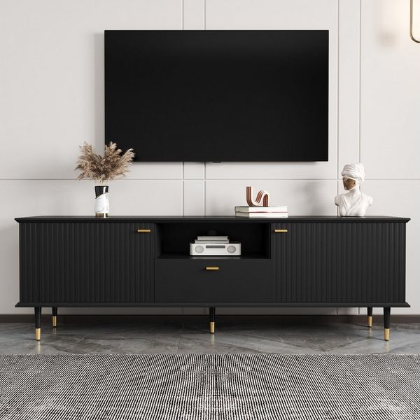 KLAM HOME Lowboard TV-Schrank mit offenen Fächern und Schubladen für optimale Ordnung (Hochwertige lackierte Strukturoberfläche mit Soft-Close-Scharnieren), Modernes und funktionales Möbelstück für Ihr Wohnzimmer