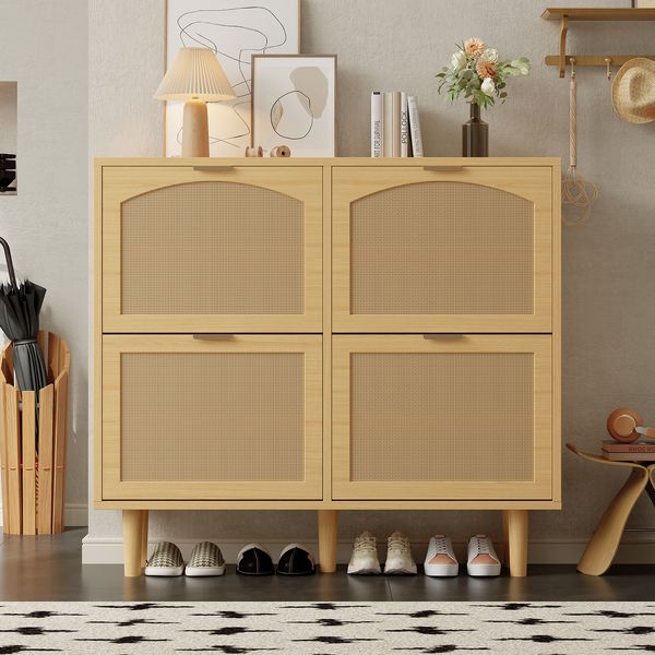 Schuhschrank B100 x T25 x H90 cm aus Spanplatte in Eichenoptik mit Rattanfronten