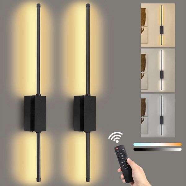 Rosnek LED Wandleuchte LED Akku Wandleuchte Innen Kabellos 360° Drehbar Dimmbar Fernbedienung, LED wechselbar, 5000mAh Batterie Wandlampe Schwarz Set 1/2 für Wohnzimmer, Flur