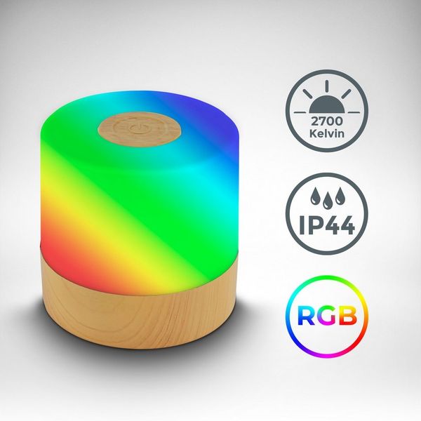 B.K.Licht - Mini RGBW LED Tischlampe kabellos IP44 mit Touch, Farbwechsel, Akku, USB-C Kabel, Nachttischlampe, Dekolampe, LED Lampe, Akku Tischleuchte, Outdoor Lampe, Kinderzimmer, 7x7 cm, Holz