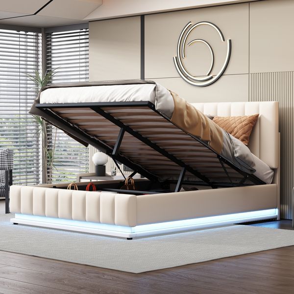 Polsterbett 140 x 200 cm mit LED, Metalllattenrost & Bettkasten, Doppelbett mit höheverstellbarem Polsterkopfteil & hydraulischem Stauraum, Weißohne Matratze