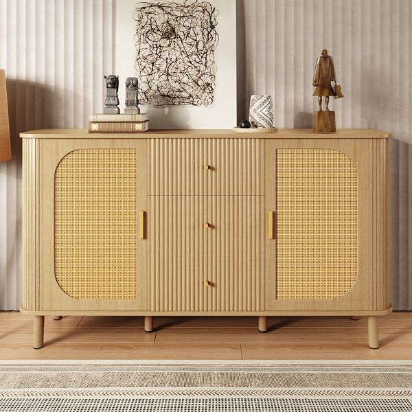 Sideboard 140x40x80 cm - Elegantes Design mit Rattan-Türen & gewellten Schubladen