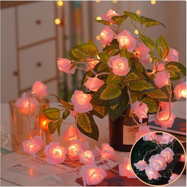 MUPOO LED-Lichterkette LED Nachtlicht 3M 20LEDs Girlande,Kunstblume Rose Warmweiß,Batterie, für Party Weihnachten,Blumengirlande Rose,LED Dekolicht