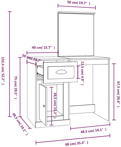 vidaXL Schminktisch mit Spiegel Sonoma-Eiche 90x50x132,5 cm 816763 Bild 10