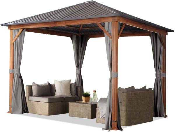 Gartenpavillon 3x3 m Holzoptik, Stahldach Hardtop 4 Seitenteile in grau