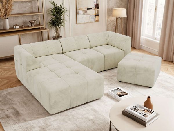 Modernes Wohnzimmer Sofa mit Hocker VORITA 4M L Freistehendes Ecksofa, L-Couch, Gepolstertes Sofa, Wellenfedern, Wohnlandschaft - Beige Velvet - Links