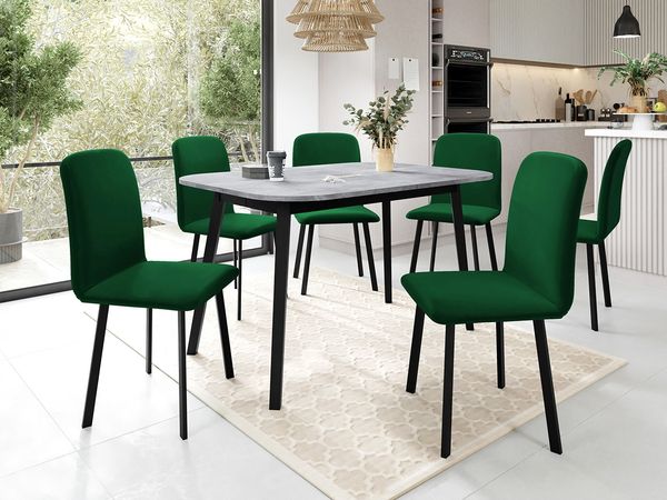 Essgruppe ML02, Rechteckiger ausziehbarer Esstisch Drota S mit 6 Stühlen Lanoi (Farbe: Amor Velvet 4311, Grau Marmor/Schwarz)