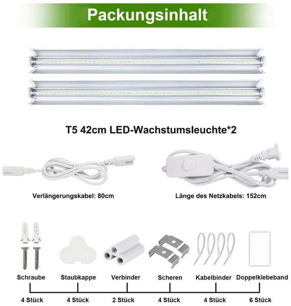 Rosnek Pflanzenlampe 2/4Stück*10W, 5000k Vollspektrum, anschließbar, für Indoor-Pflanzen, 5000K Voll-Sonne, mit V-förmigen Reflektor