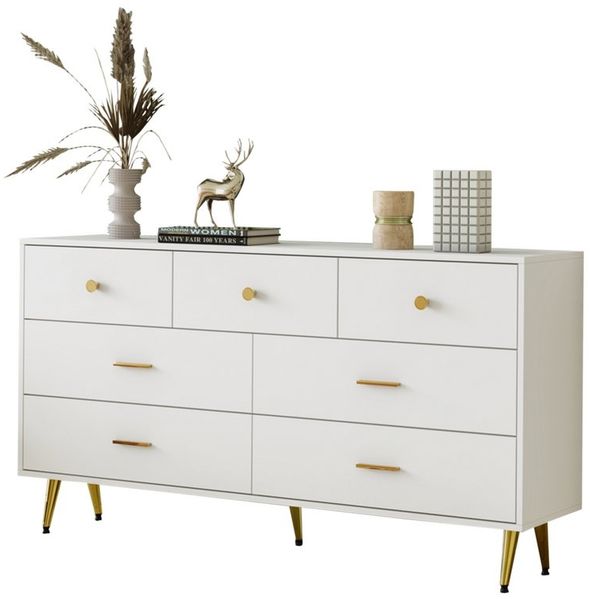 HAUSS SPOLE Sideboard 140x35x76cm mit 7 Schubladen, goldene Griffe, goldene Beine, Weiß (7 Schubladen,goldene Griffe, goldene Beine), moderes Design