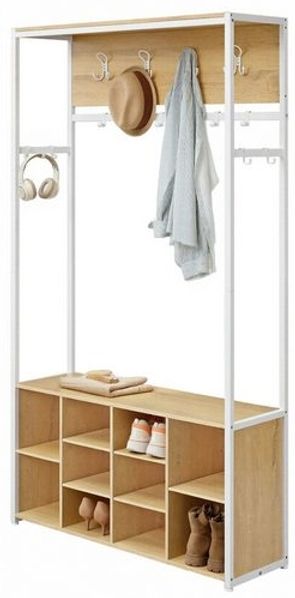 VASAGLE Kleiderständer, Garderobe mit Schuhregal, mit Haken und verstellbaren Ablagen, Industrie-Stil, goldeichenfarben-weiß